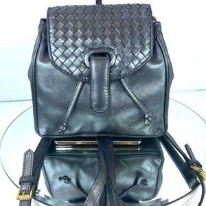 Black Leather Woven Backpack Silver Metallic Gunmetal